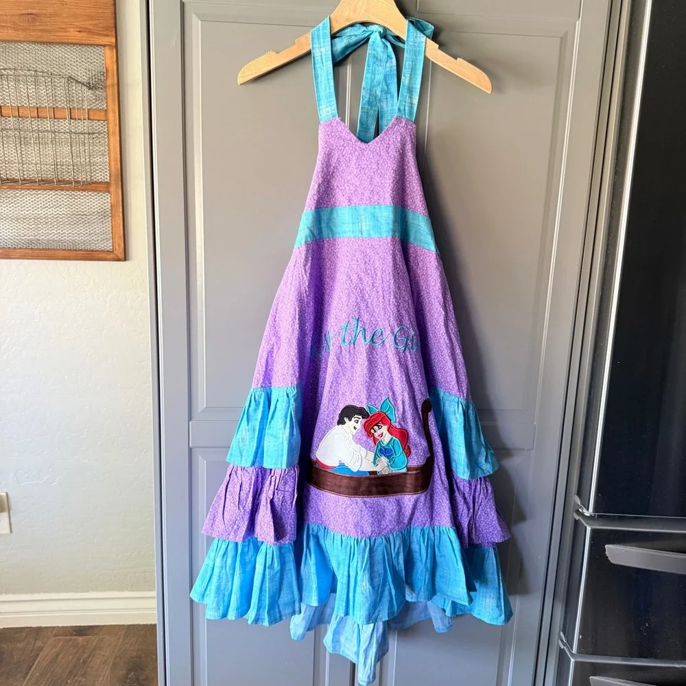 Custom Little Mermaid Kiss the Girl Tiered Ruffle Dress,Purple Turquoise,8